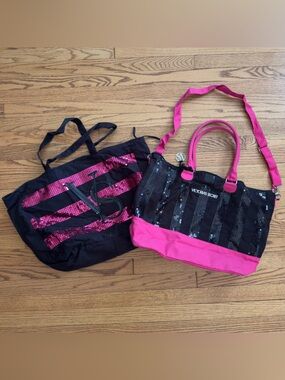Victoria's Secret Black & Hot Pink Sequin Tote Bag Bundle of 2 Duffle Weekender